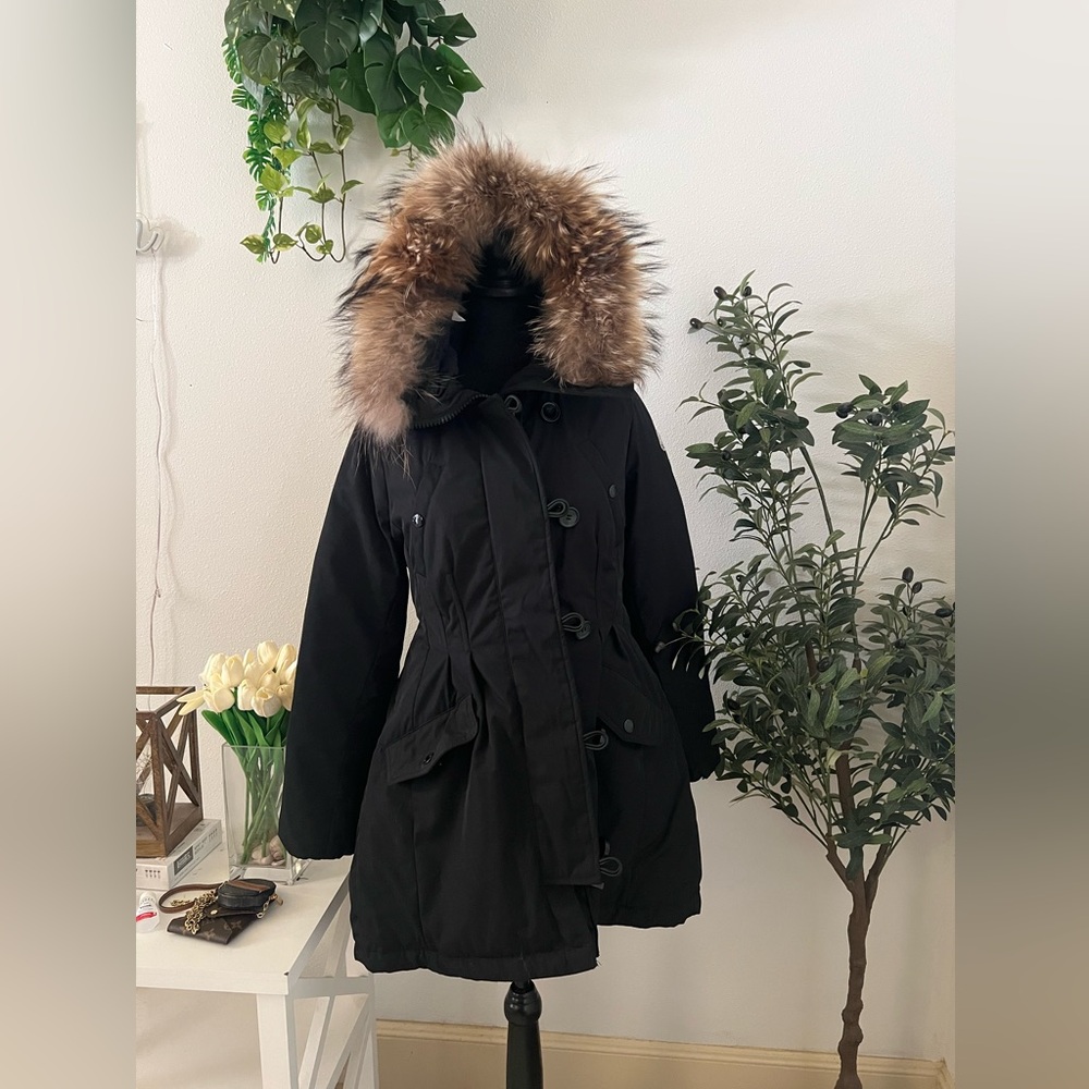 Moncler Down Coat with Fur Trimmed Hood